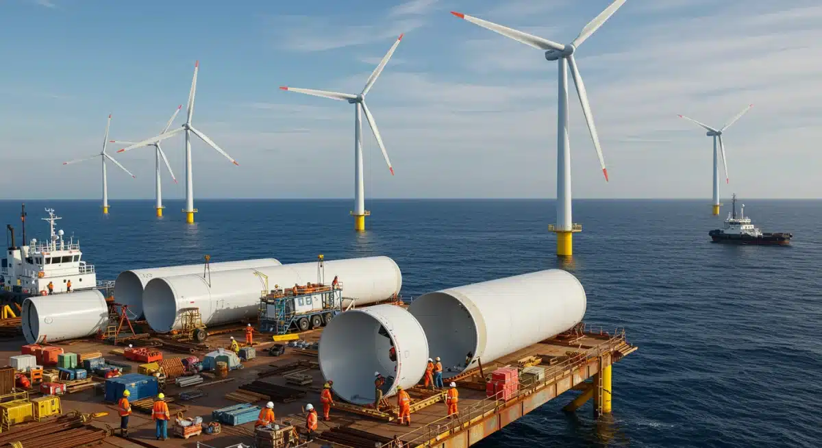 Construction of an offshore wind farm, showcasing infrastructure development