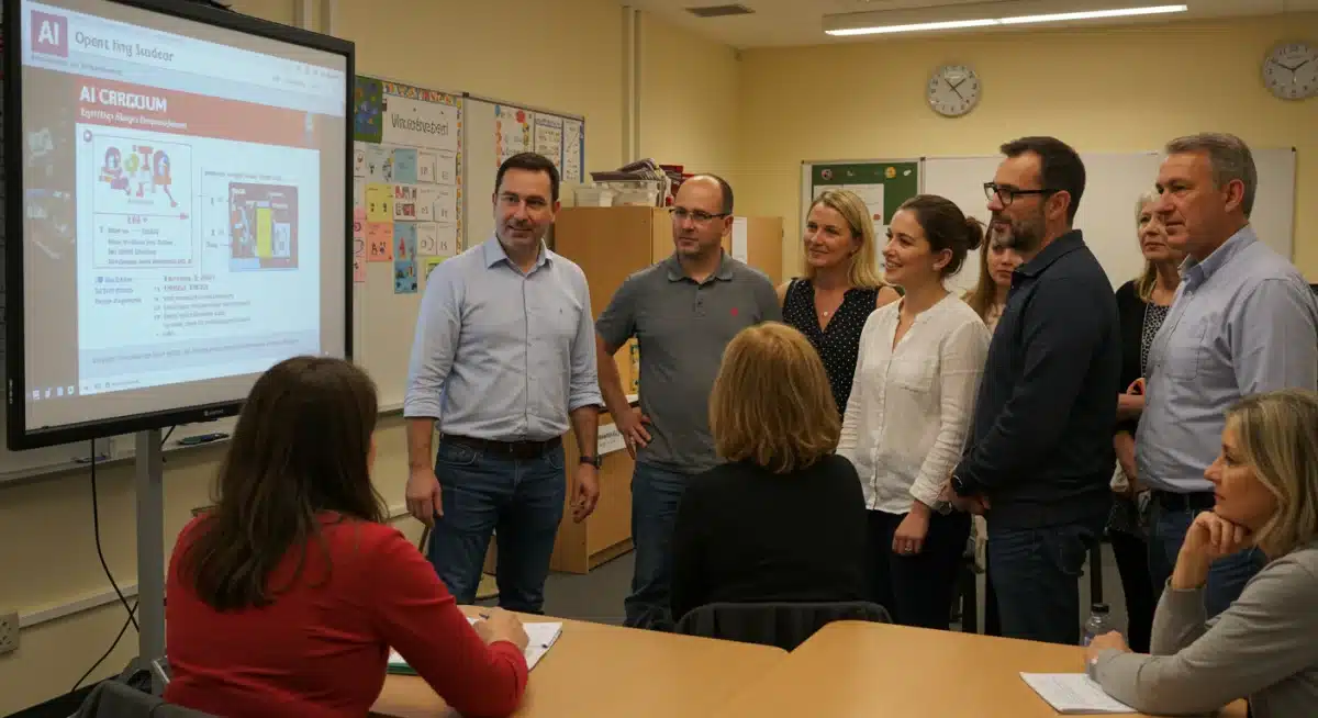 Parents and teachers discussing the new AI curriculum at a school event.
