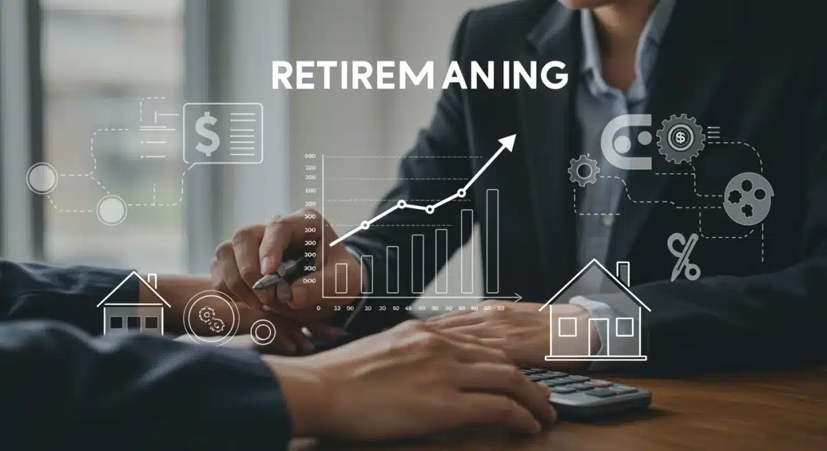 Person planning retirement with financial charts and symbols of a secure future.