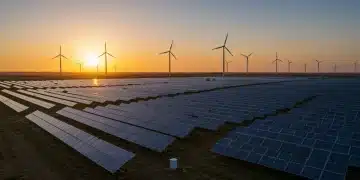Solar farm and wind turbines symbolizing renewable energy investment