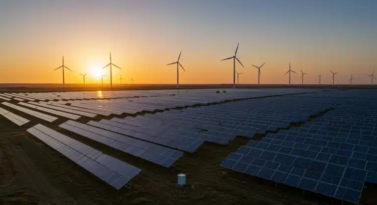 Solar farm and wind turbines symbolizing renewable energy investment