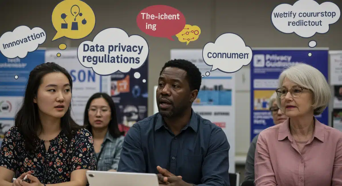 Diverse group debating data privacy regulations and stakeholder perspectives.