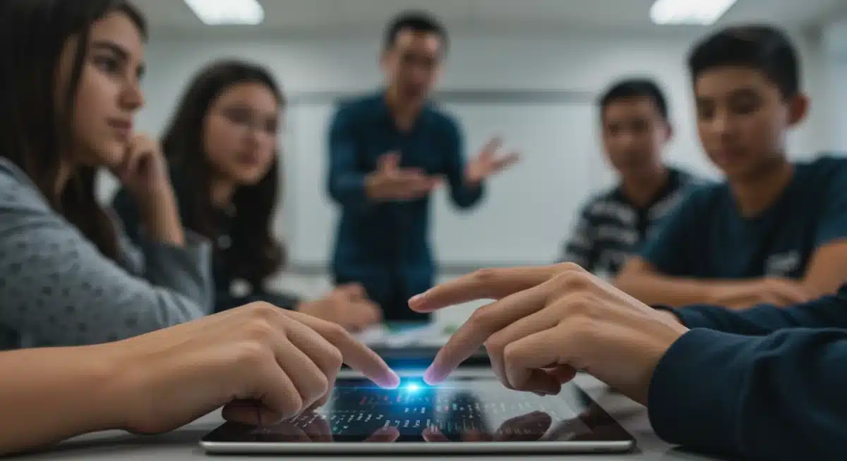 Student coding AI application on tablet in a classroom setting.