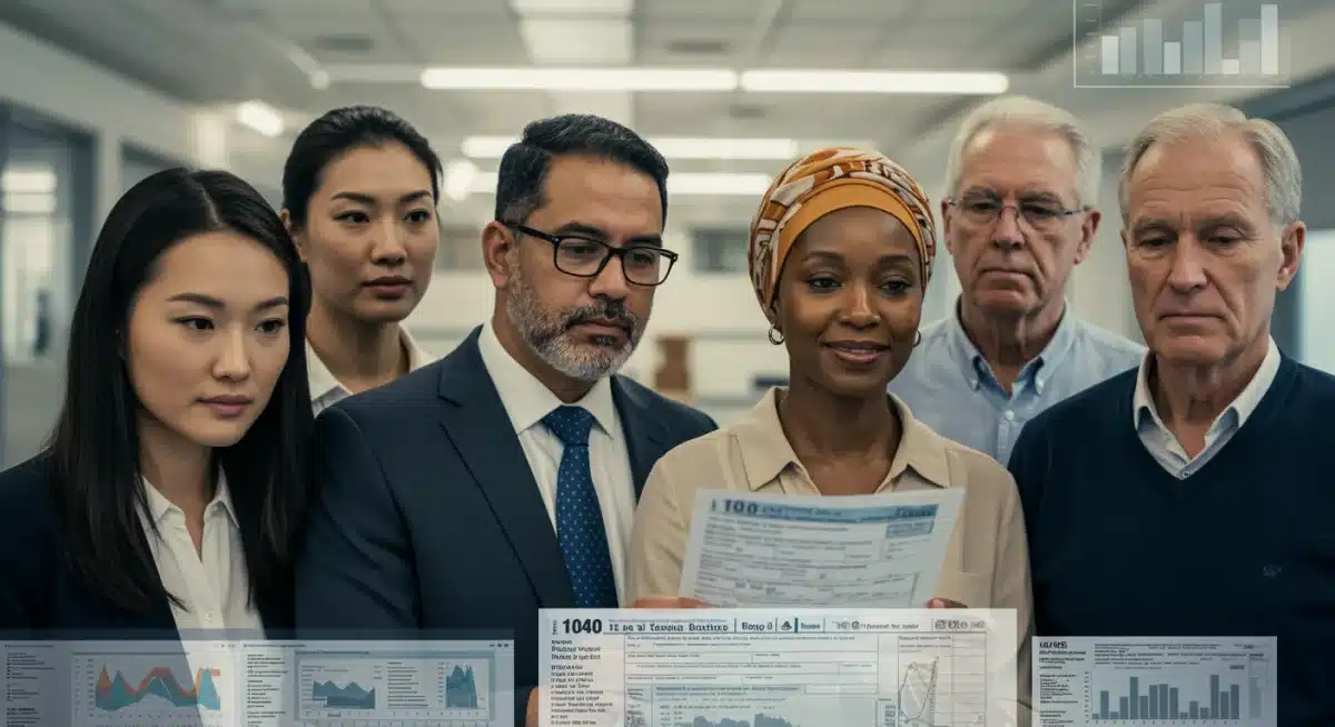 Diverse US taxpayers reviewing complex tax forms and charts, reflecting the impact of new federal tax code revisions.