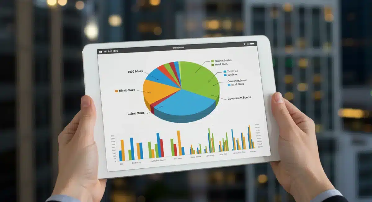 Diverse investment portfolio on a tablet screen with government bond allocation, set against a financial district backdrop.