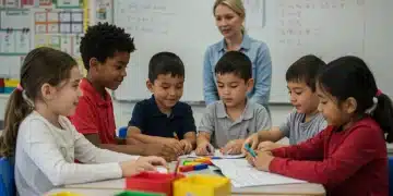 Elementary students collaborating in a modern classroom, embodying Common Core learning principles.