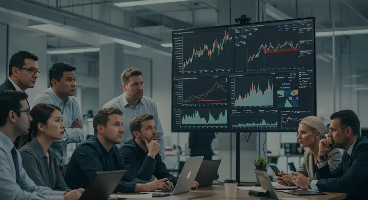 Diverse investors analyzing stock market data and economic indicators on a large screen, discussing future strategies.