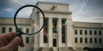 Magnifying glass over financial chart with Federal Reserve building in background, symbolizing foresight into 2026 Fed rates.