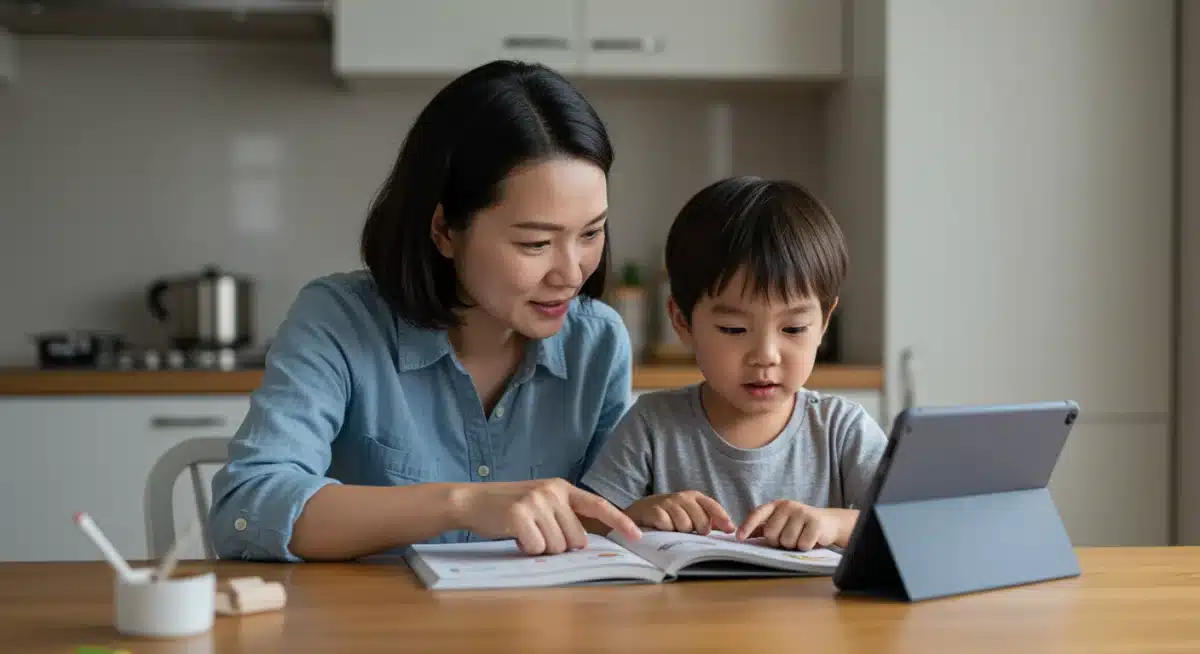 Parent and child studying together at home, emphasizing parental involvement in education.