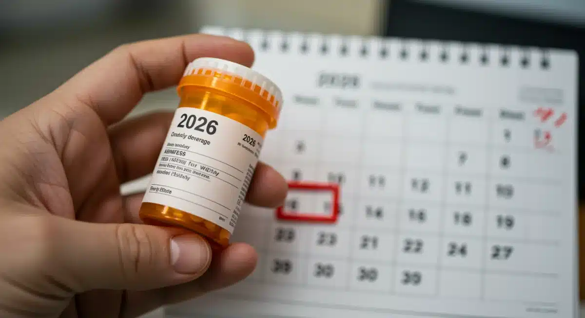Hand holding prescription bottle with 2026 calendar for Medicare Part D