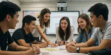 Students engaged in collaborative learning with technology in a modern classroom