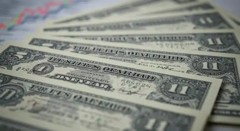 Stack of US Treasury bond certificates with an upward-trending financial graph in the background, representing secure investment growth.