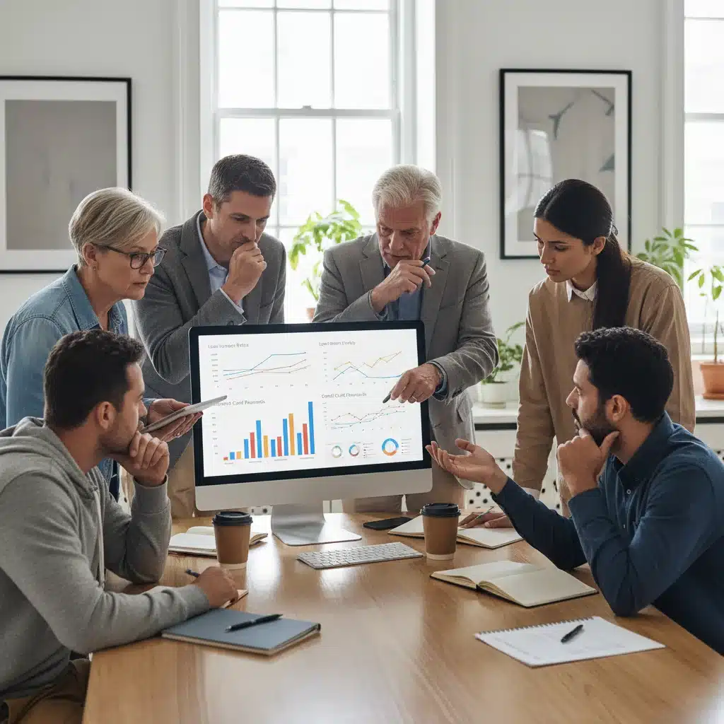Diverse individuals comparing financial product data on a screen.