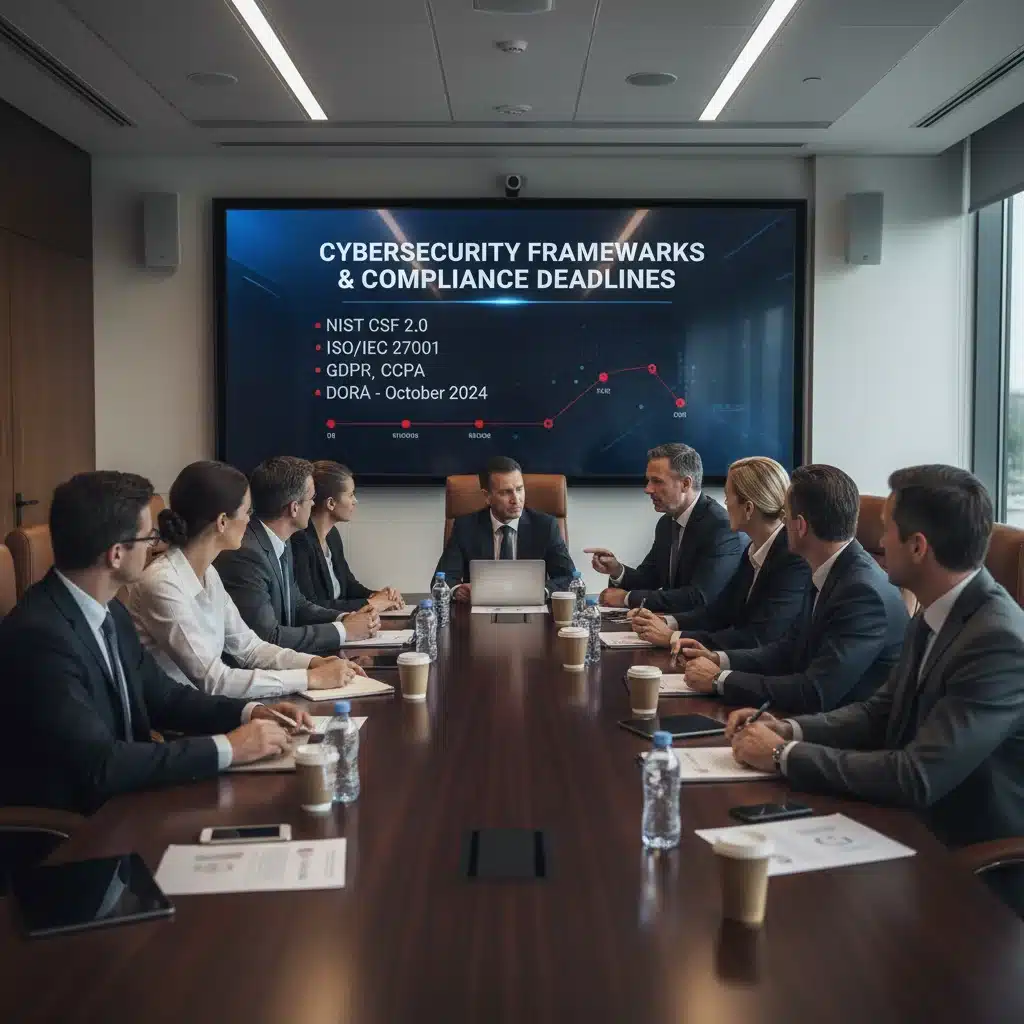 Business executives and IT professionals discussing cybersecurity compliance strategies.