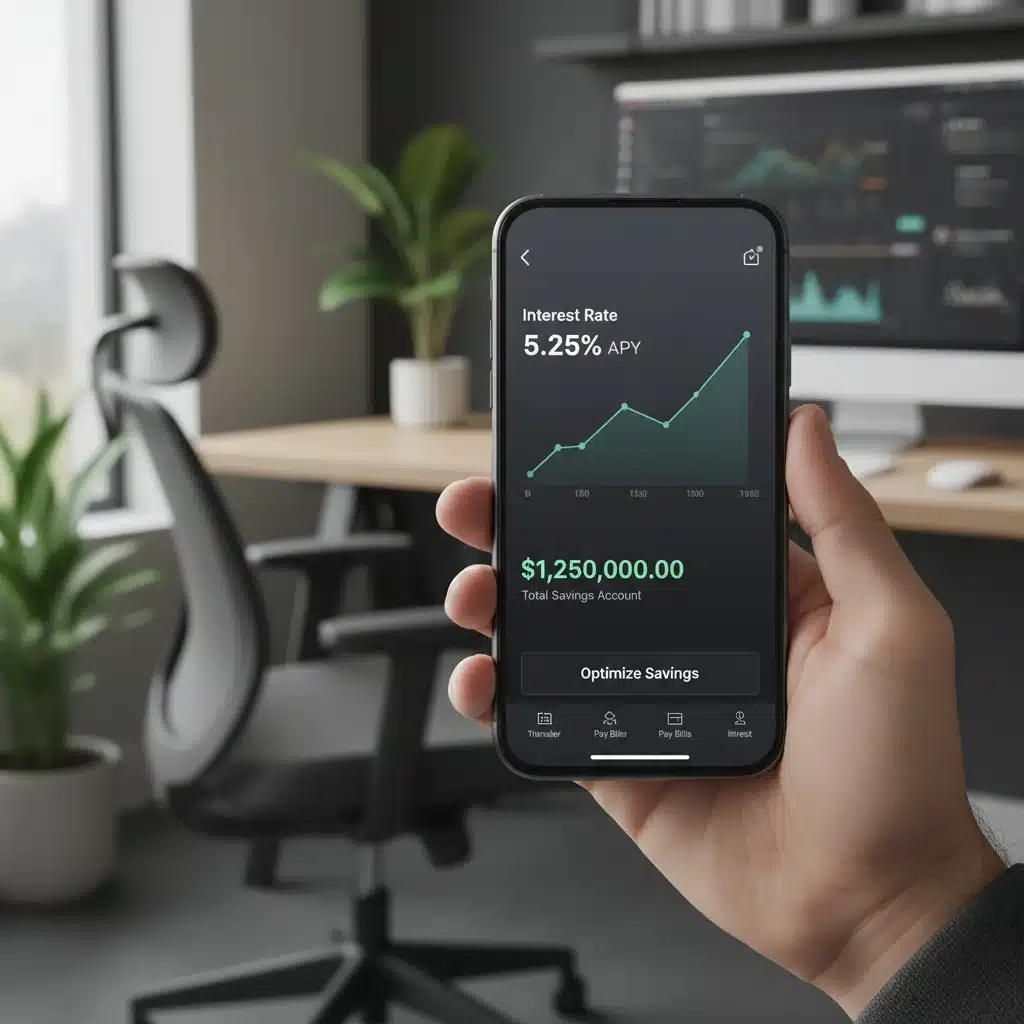 Digital banking app on smartphone showing high-yield savings balance.
