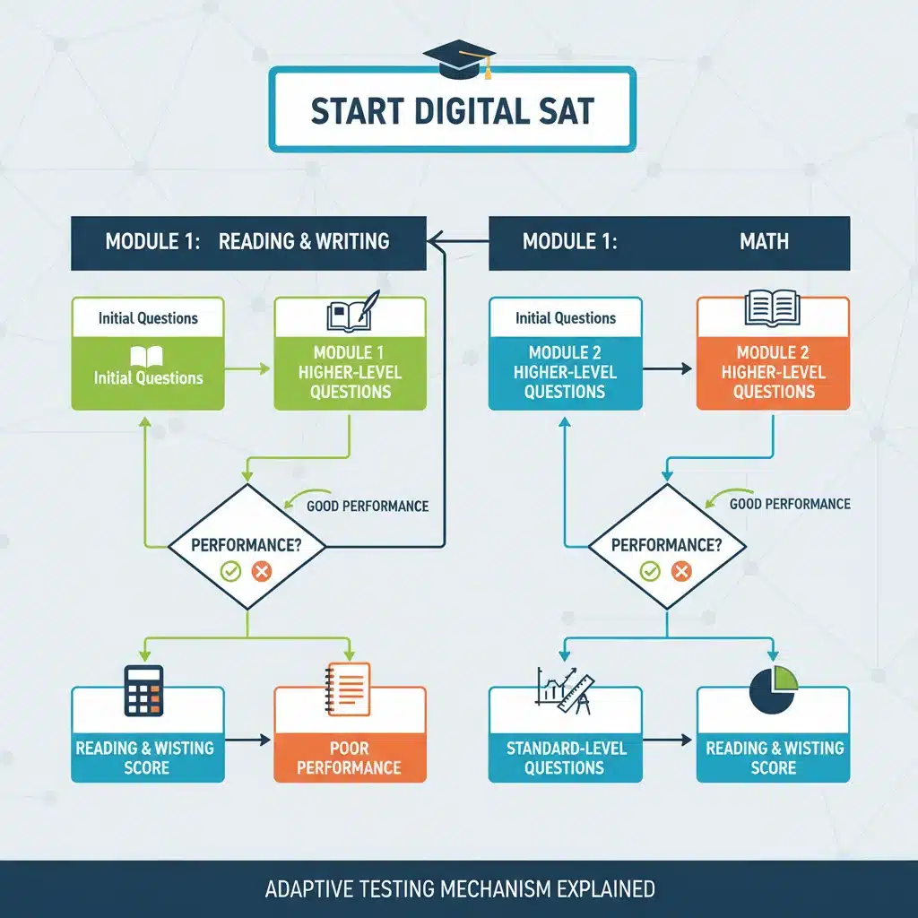 Flowchart illustrating the adaptive testing structure of the Digital SAT.