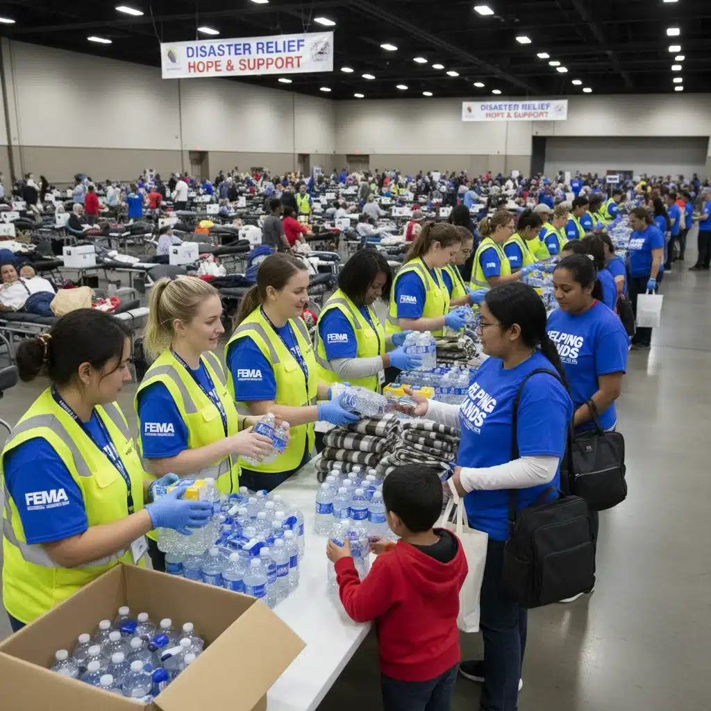 Volunteers and aid workers distributing essential supplies in a disaster relief center.