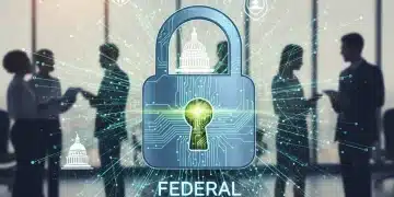Digital padlock over data network, symbolizing federal cybersecurity mandates for businesses.