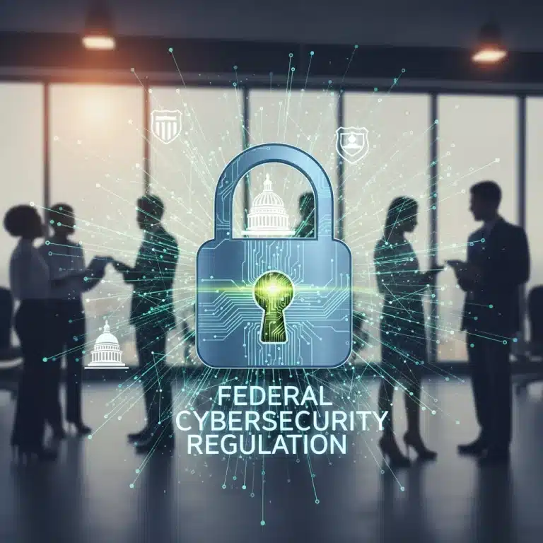 Digital padlock over data network, symbolizing federal cybersecurity mandates for businesses.