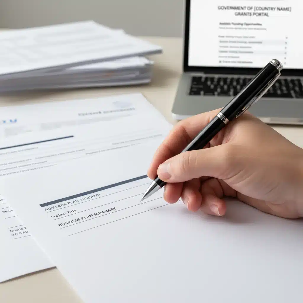 Hand filling out federal grant application form with pen