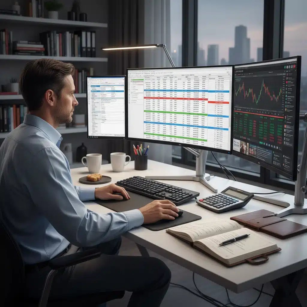 Investor analyzing financial data and tax forms on multiple screens, planning for capital gains tax.