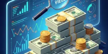 Stacks of money with a magnifying glass, symbolizing high-yield savings growth.