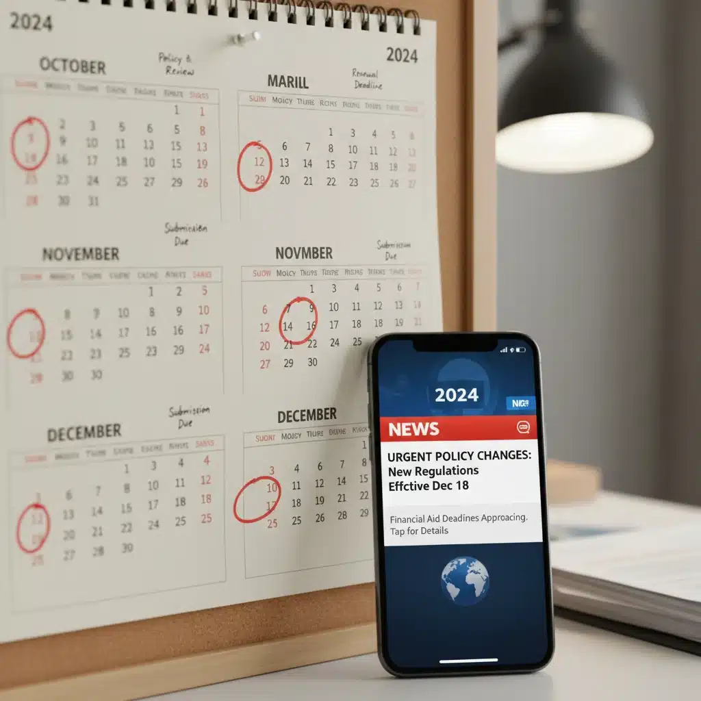 Calendar with important deadlines circled and a smartphone showing policy updates, representing timely action.