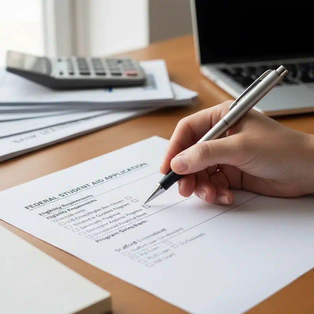 Hand pointing at detailed student loan forgiveness application form, emphasizing eligibility criteria.