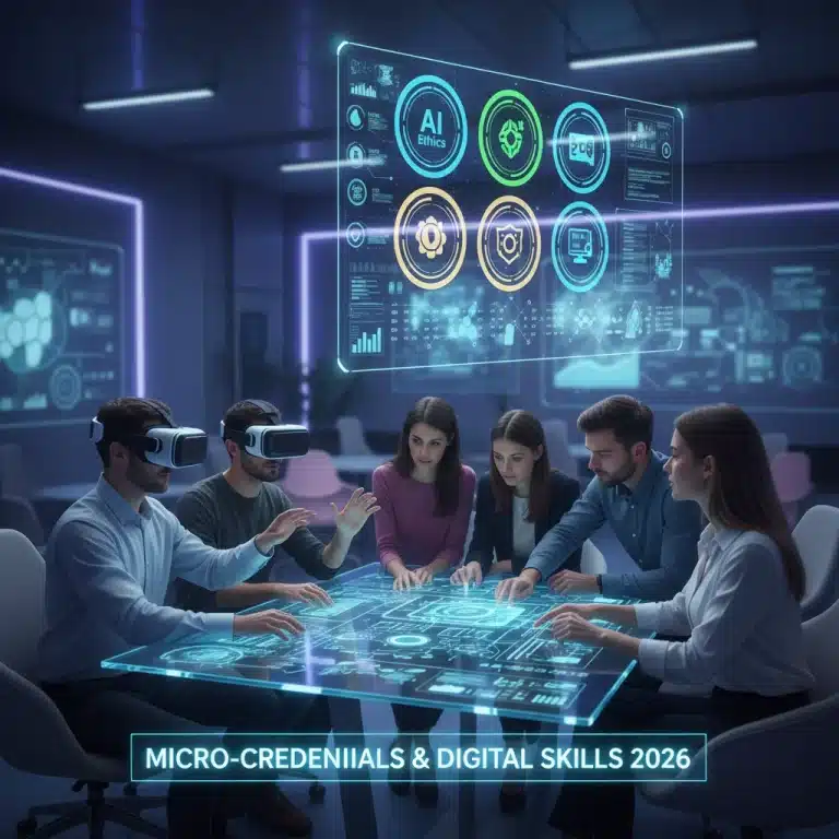 Professionals learning with micro-credentials, digital badges, future education 2026