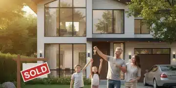 Family excited in front of new home with 'Sold' sign, symbolizing homebuyer tax credit success.