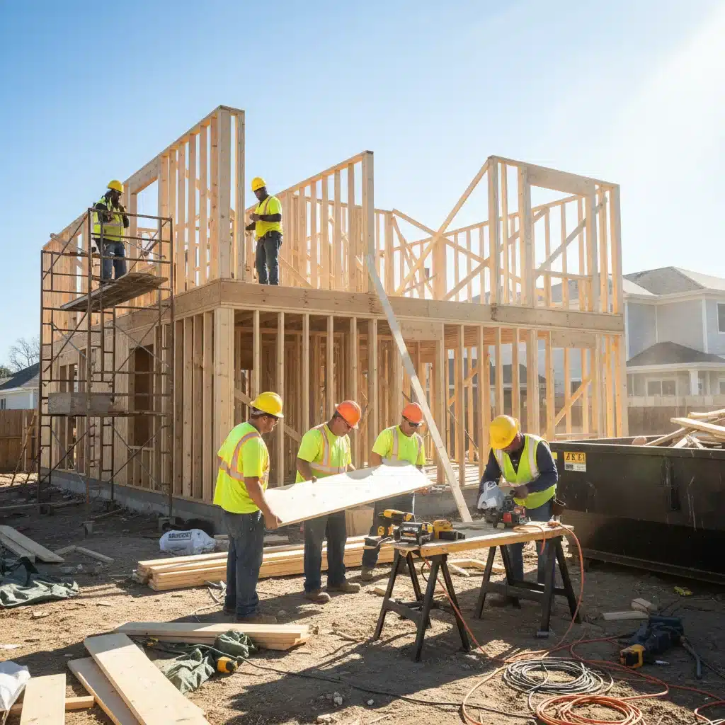 Construction workers rebuilding a storm-damaged home, focusing on structural repairs.