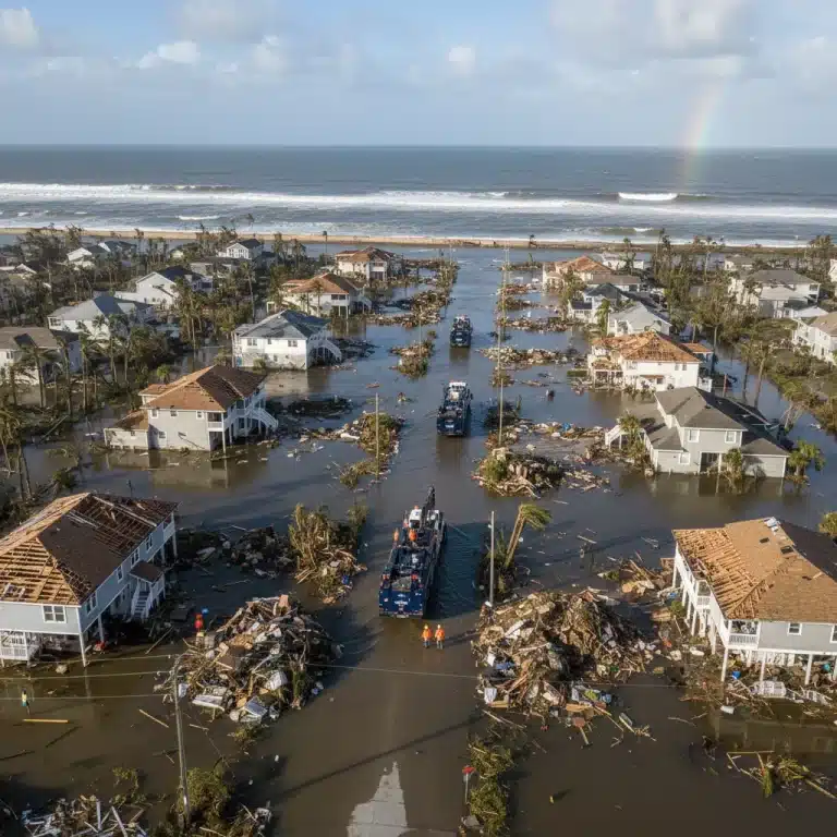Aerial view of storm-damaged community with emergency response efforts underway.