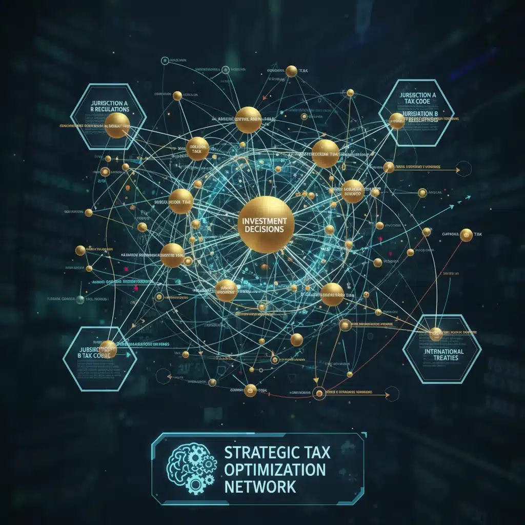 Intricate network of interconnected lines and nodes representing complex tax laws and investment strategies.