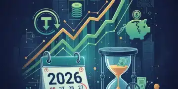 Financial chart with tax symbols and 2026 calendar, symbolizing US Capital Gains Tax changes for investors.