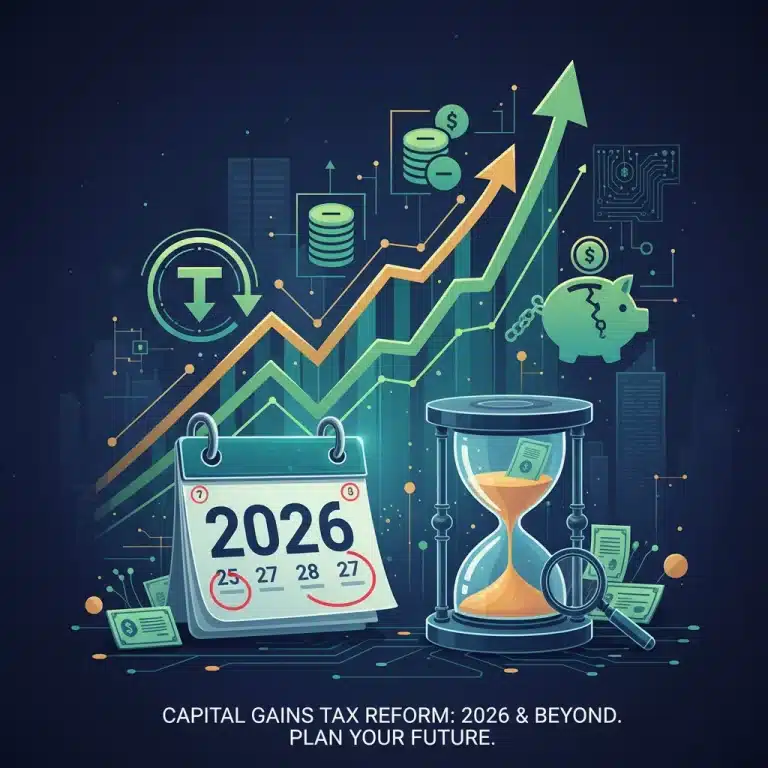 Financial chart with tax symbols and 2026 calendar, symbolizing US Capital Gains Tax changes for investors.