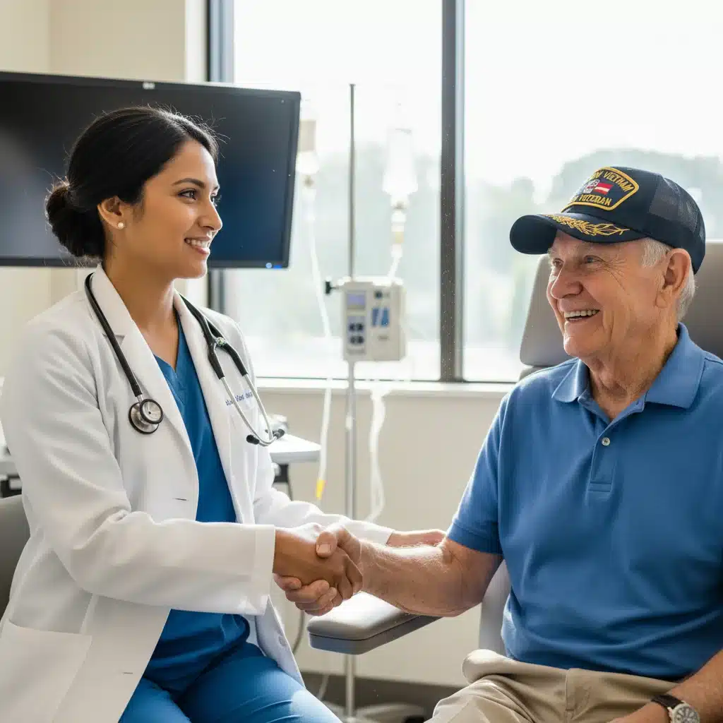 Medical professional shaking hands with a veteran, symbolizing successful healthcare access.
