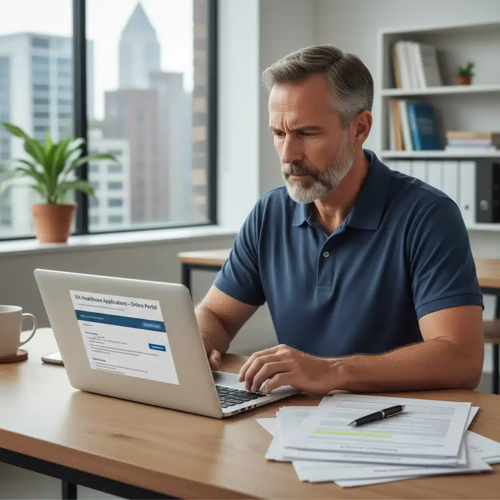 Veteran applying for VA healthcare benefits online, focused on the digital application process.