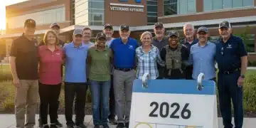 Veterans smiling in front of a VA medical center, symbolizing access to 2026 healthcare programs.