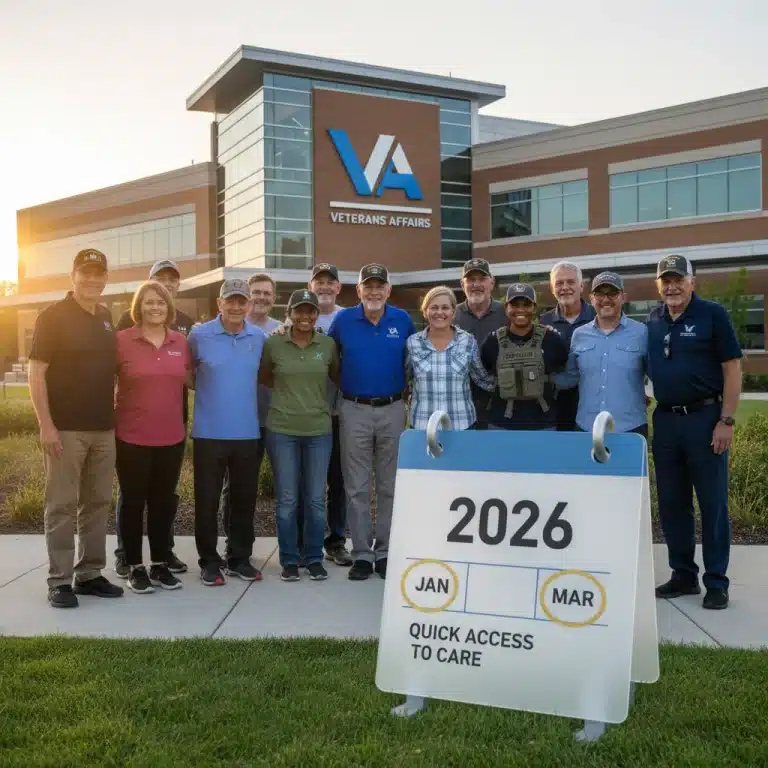 Veterans smiling in front of a VA medical center, symbolizing access to 2026 healthcare programs.