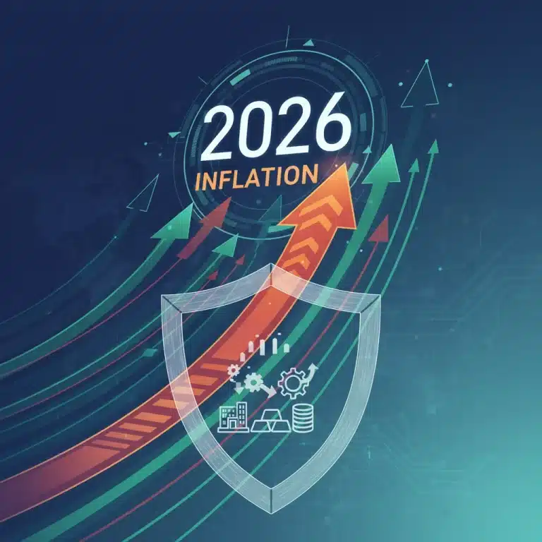 Financial charts and graphs converging on 2026 with a protective shield over investments, representing the 2026 inflation outlook and investment protection.