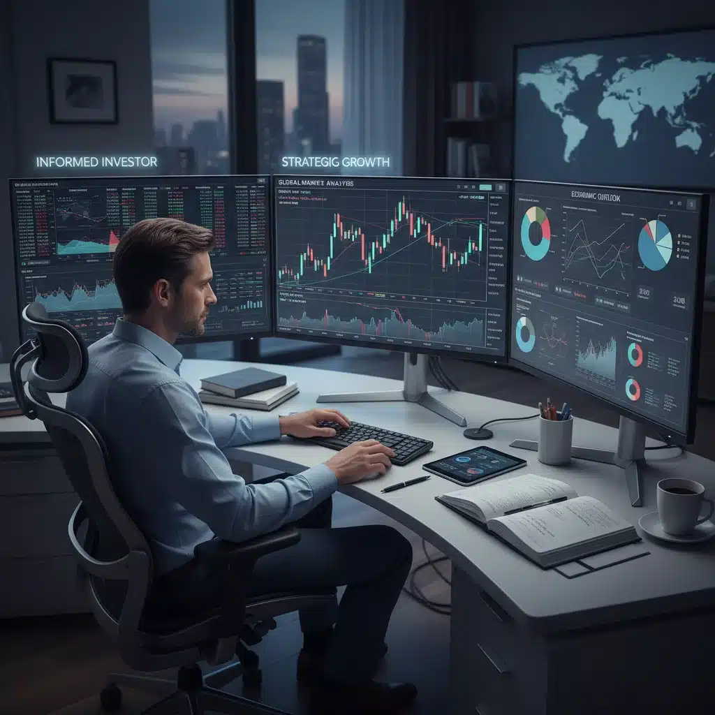 Person analyzing financial data on multiple screens, representing informed decision-making for investment strategies amidst economic trends.
