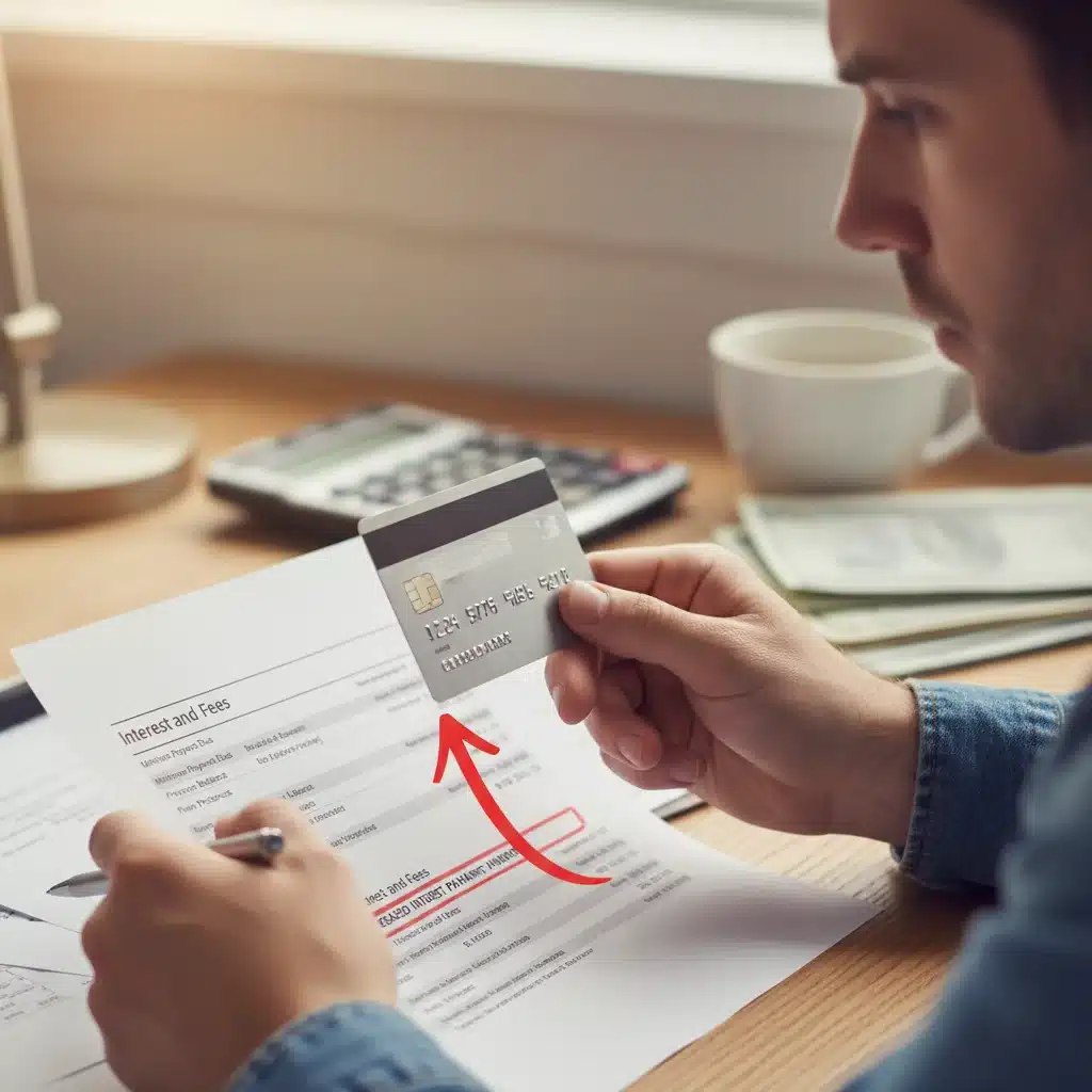 Hand holding credit card, reviewing higher interest payments on a statement