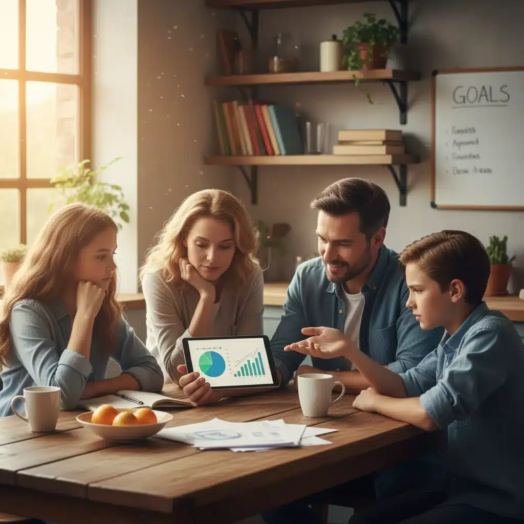 Family discussing budget and financial planning at kitchen table