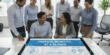 Federal employees reviewing 2026 benefits on a tablet, focused on future planning