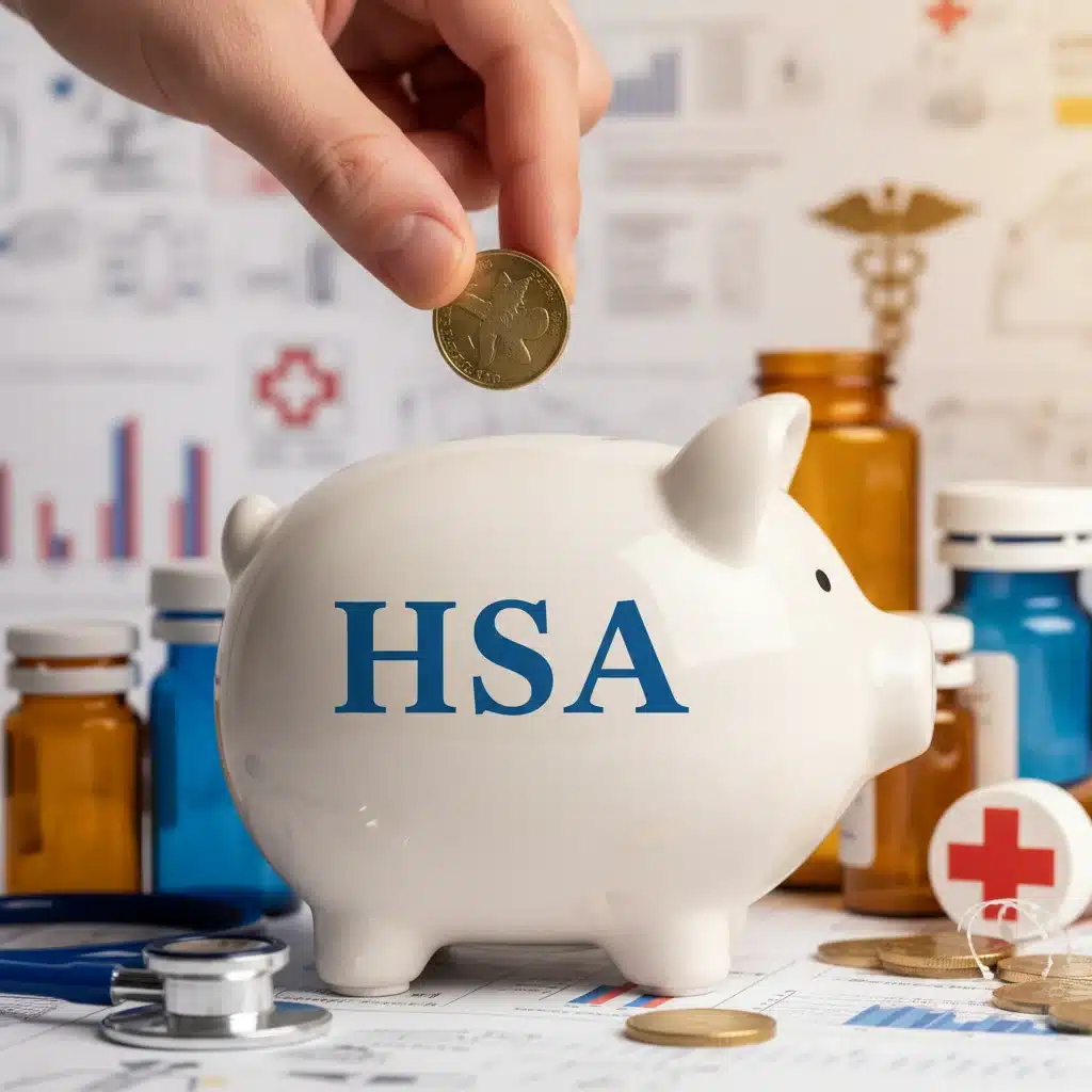 Hand contributing money to an HSA piggy bank, symbolizing healthcare savings.