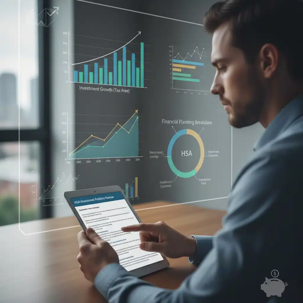 Person analyzing HSA investment portfolio and financial growth charts.