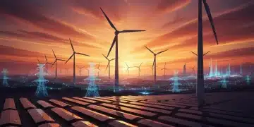 Wind turbines and solar panels symbolizing renewable energy growth