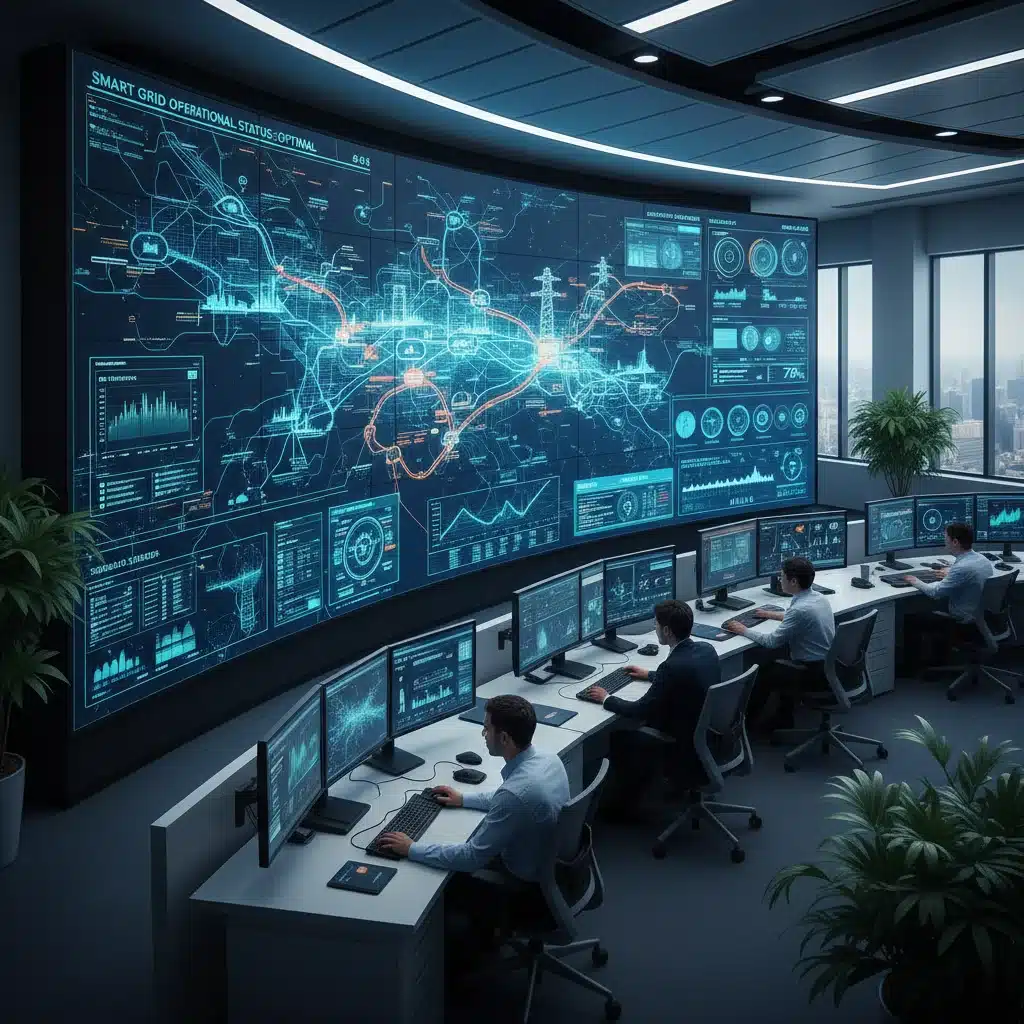 Engineers monitoring smart grid data for renewable integration