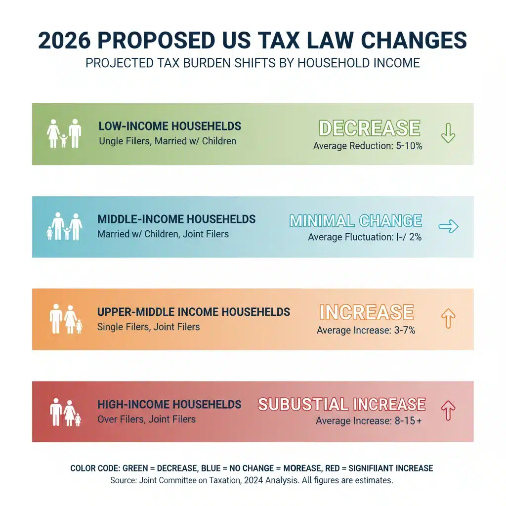 Infographic showing tax burden changes by income bracket 2026