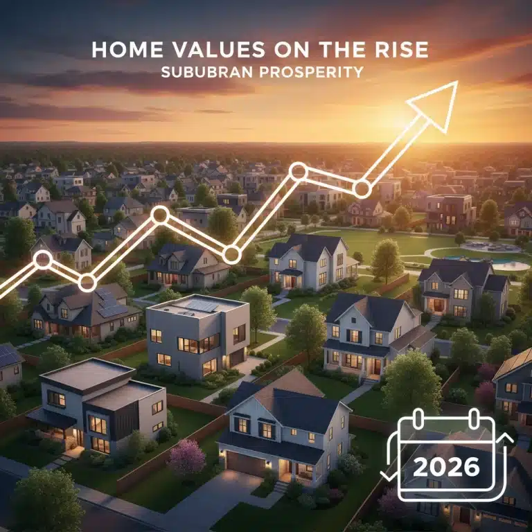 Graphic showing a 5% increase in national median home prices by 2026 with suburban homes.